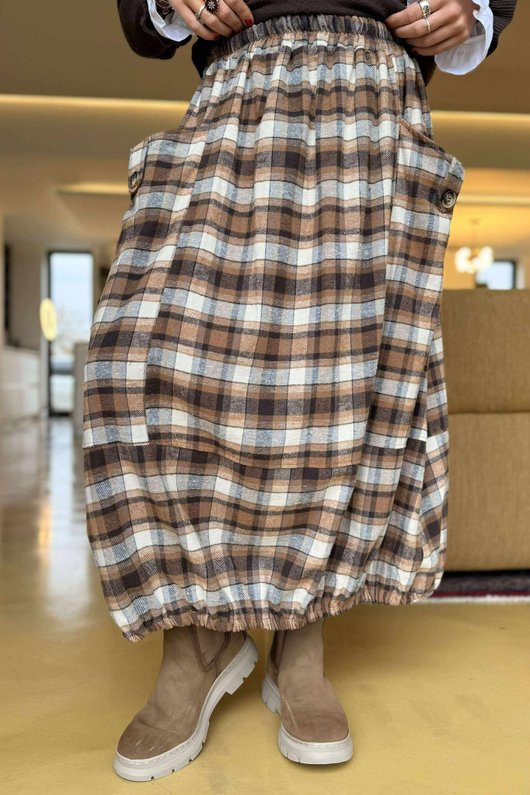 Roberta Plaid Brushed Cotton Balloon Hem Skirt Camel